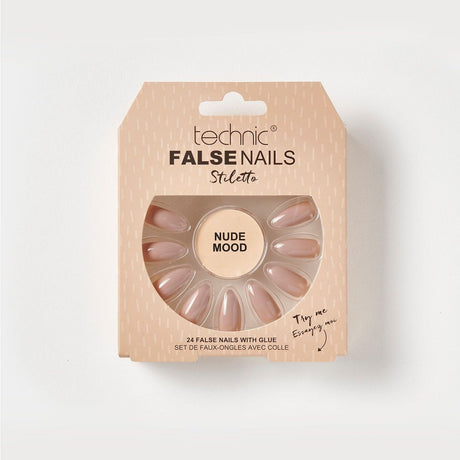 Nude Mood Stiletto false nails in a light brown and beige patterned box