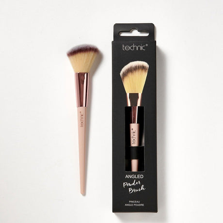2 angled powder brushes on a white background. 1 is in its original packaging which is black and has an image of he brush on the front, and the other is out of the packaging.