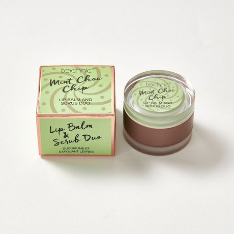 A lip balm and scrub duo in the flavour Mint Choc Chip next to its box packaging.