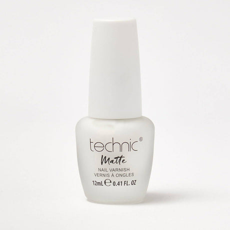A bottle of matte nail varnish in the shade White on a white background