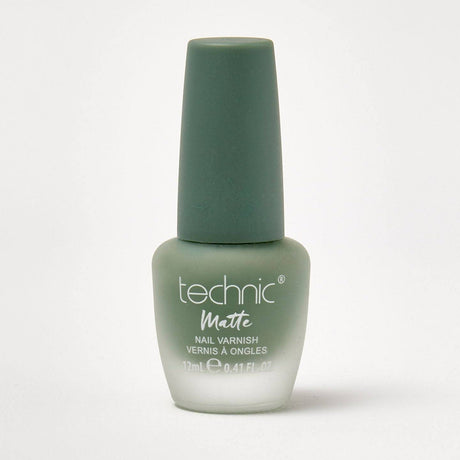 A bottle of matte nail varnish in the shade Green With Envy on a white background