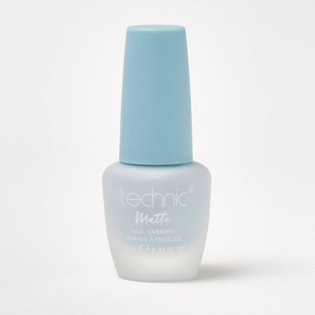 A bottle of pastel matte nail varnish in the shade Ocean on a white background