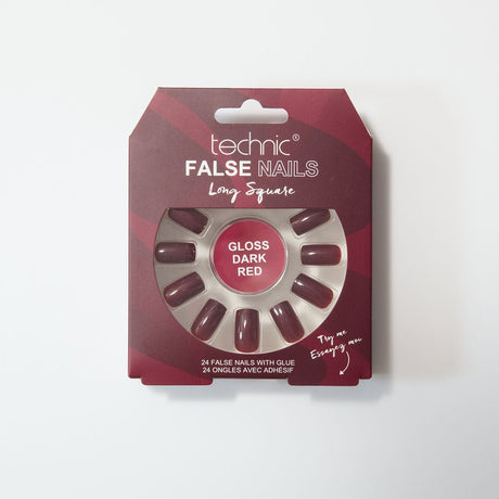 Gloss dark red long square nails in a red patterned box on a white background.