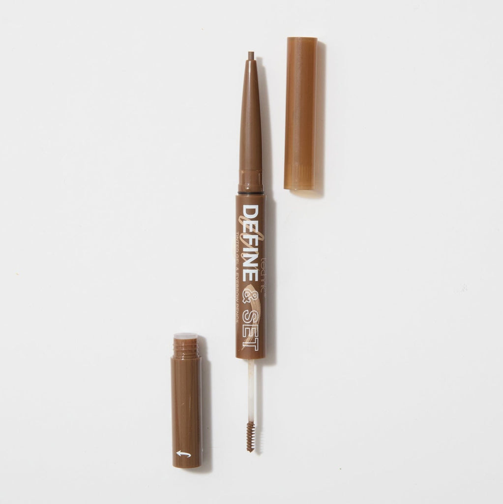 An opened define and set brow product in the shade Blonde on a white background. Each side of the brow product has its lid next to the open end.