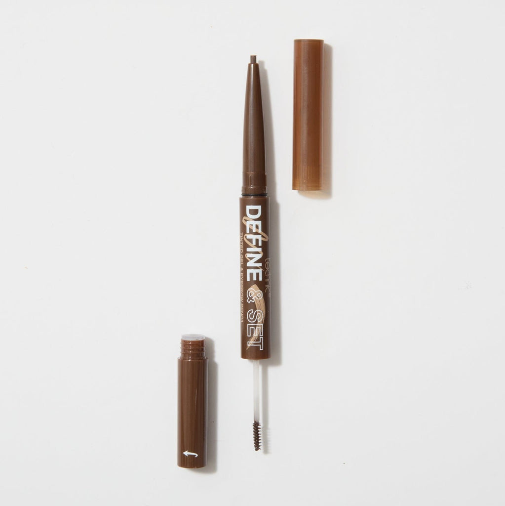 An opened define and set brow product in the shade Brunette on a white background. Each side of the brow product has its lid next to the open end.