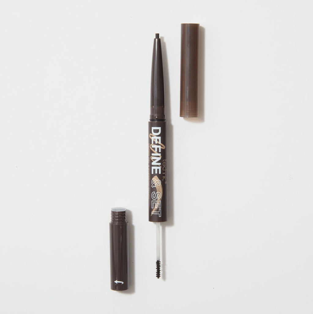 An opened define and set brow product in the shade Dark Brown on a white background. Each side of the brow product has its lid next to the open end.