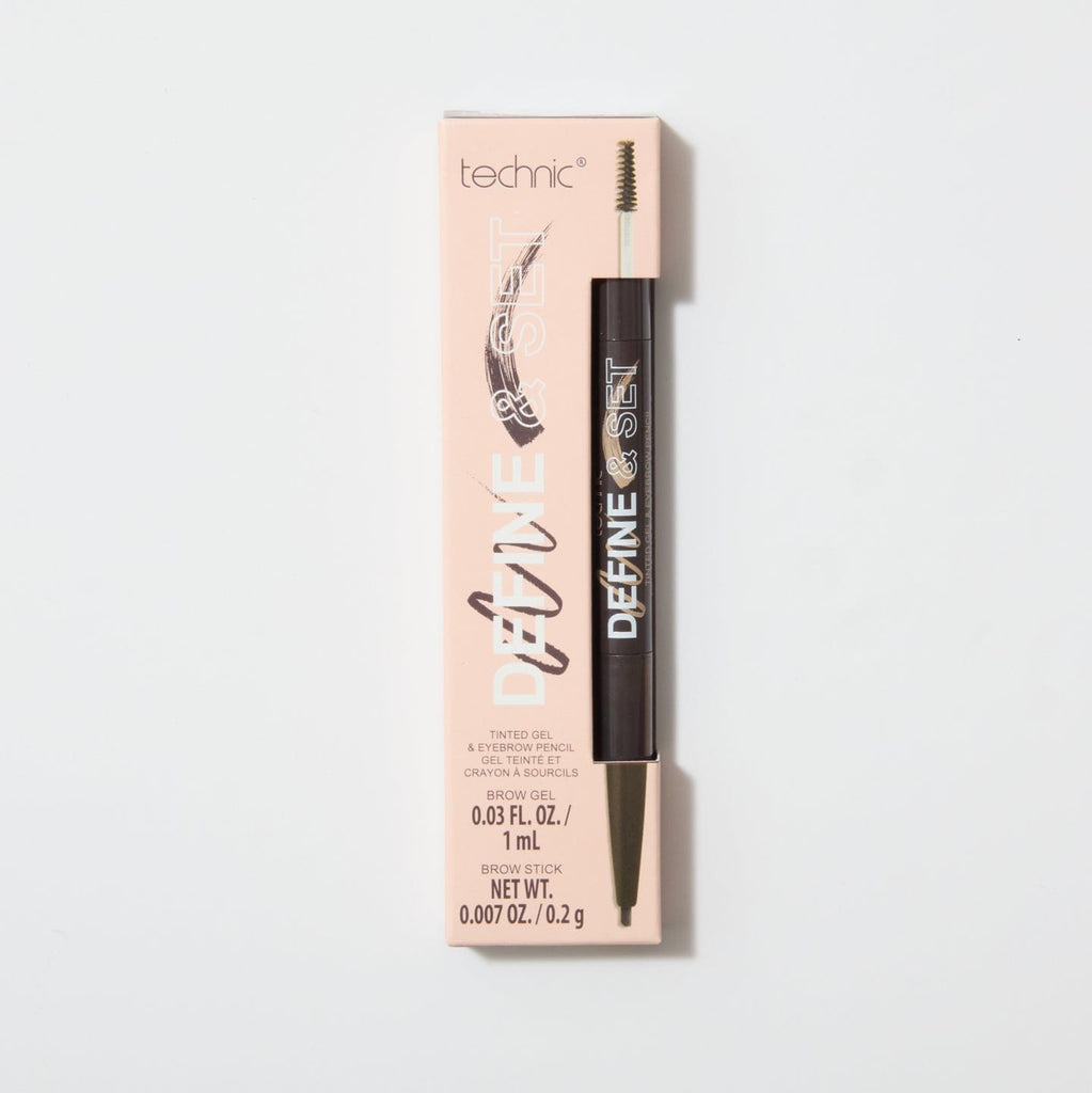 A define and set brow product  in the shade Dark Brown on a white background.