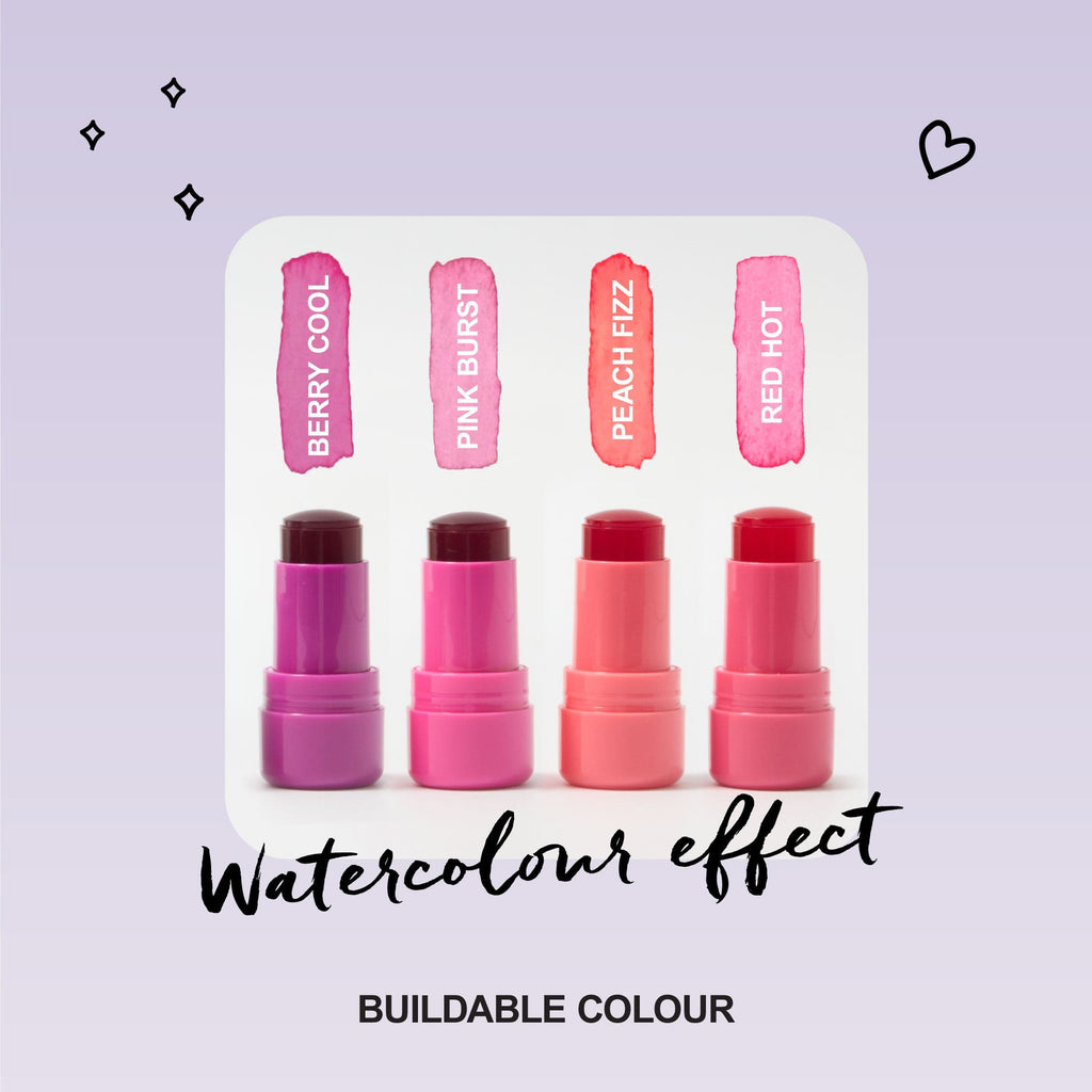 All 4 shades of jelly tint  opened with swatches of each shade and its name above. The product has a watercolour effect.