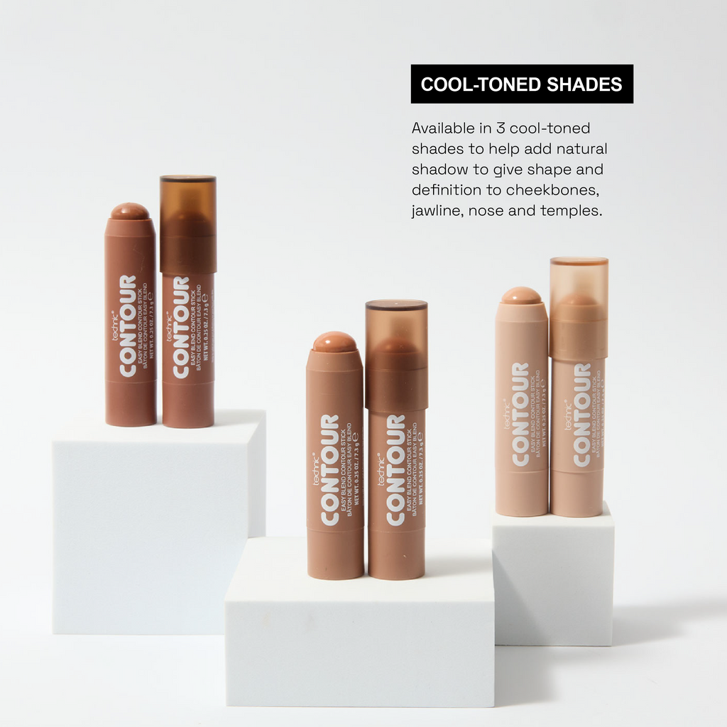 All 3 shades of the contour sticks on different tiered platforms in front of a white background. There are 2 next to each other for each shade there is one with the cap on and one with the cap off. Text saying they are all cool-toned shades to help add natural shadow to give shape to your face.