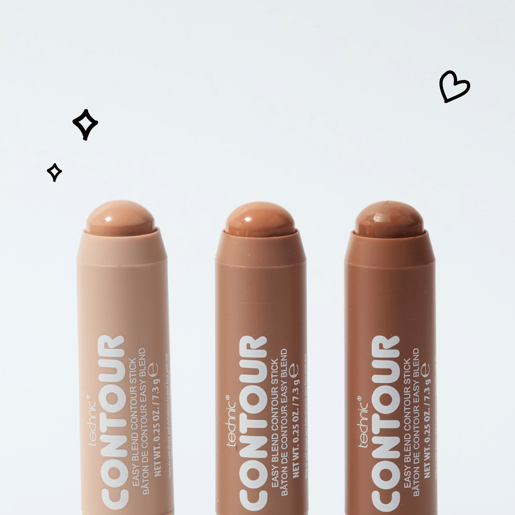 A close up of the 3 shades of the contour sticks opened in a row. They are on a white background and there is a heart and a star black outline next to them.