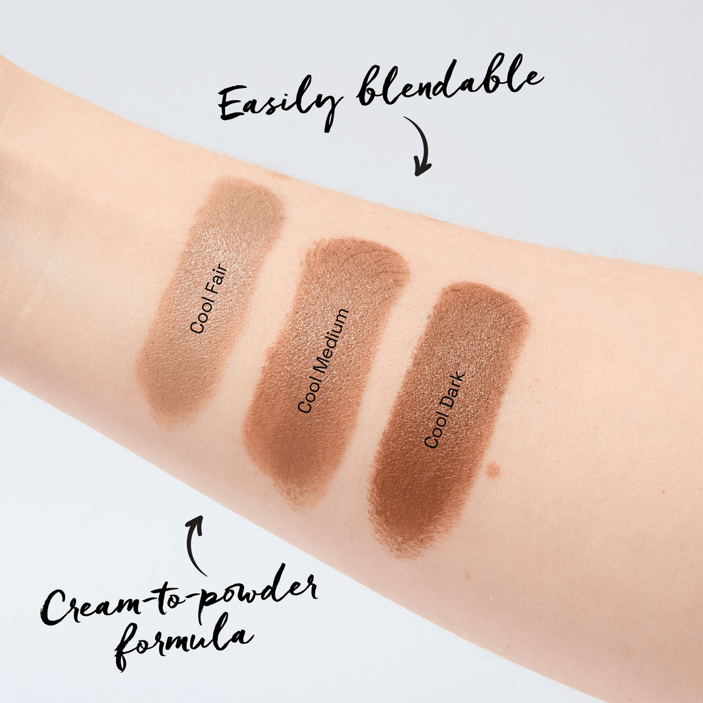 A models arm with swatches of the 3 contour stick shades in a row. The shades have the corresponding name in text over the top of the swatches and there is text saying they blend easily and they are a cream to powder formula.