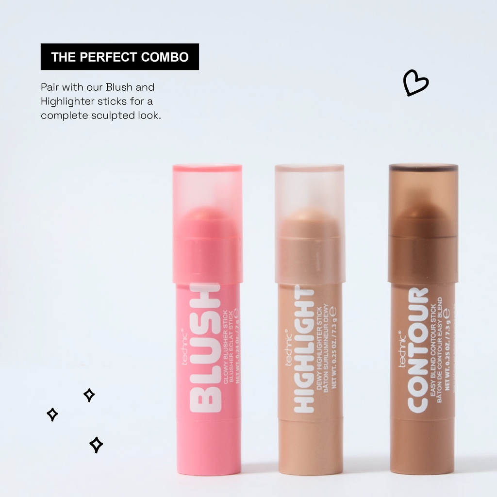 A blusher stick. a highlighter stick and a contour stick all in a row on a white background. There is text saying that they are the perfect combo to create a perfect sculpted look.