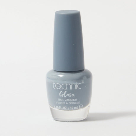 A bottle of gloss nail varnish in the shade Unflappable on a white background. It is a cool grey colour