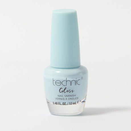 A bottle of gloss nail varnish in the shade Baby Blue on a white background. It is a pastel light blue colour