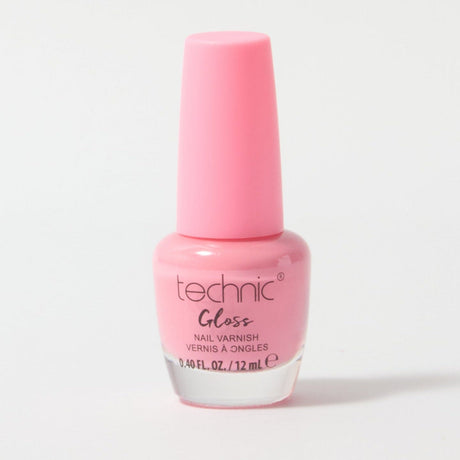 A bottle of gloss nail varnish in the shade Ultra Pink on a white background