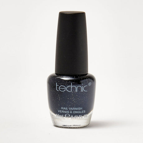 A bottle of shimmer nail varnish in the shade Black Velvet on a white background.
