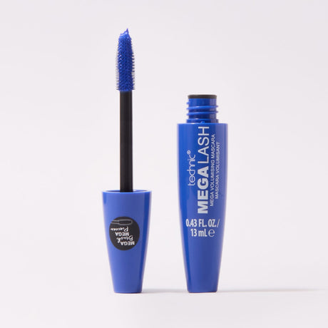 A tube of Technic Mega Lash mascara and its applicator wand, both in a vibrant blue colour, set against a clean white background.