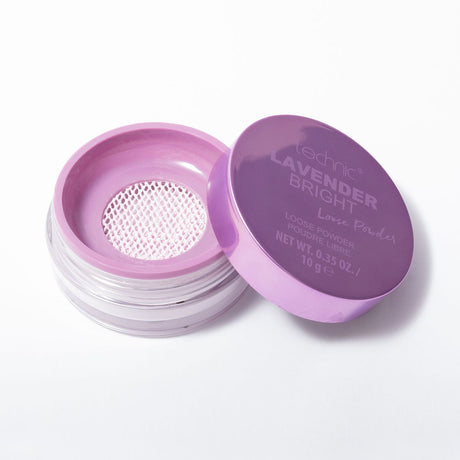 Technie Lavender Bright Loose Powder in a clear jar with a lavender lid, shown open on a white background.