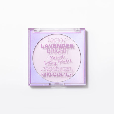 Technic makeup lavender bright setting powder in a square translucent purple compact on a white background.