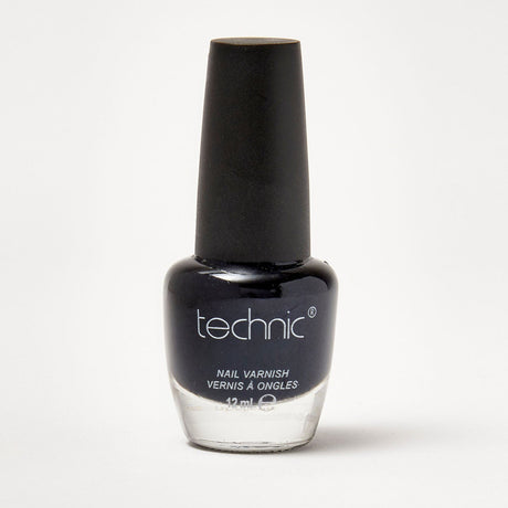 A bottle of nail varnish in the shade Jet Black on a white background