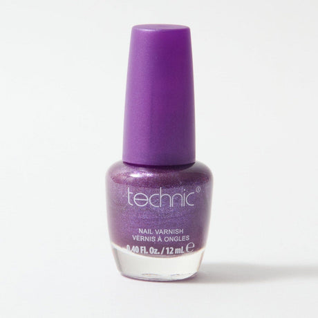 A bottle of shimmer nail varnish in the shade Purple Rain on a white background