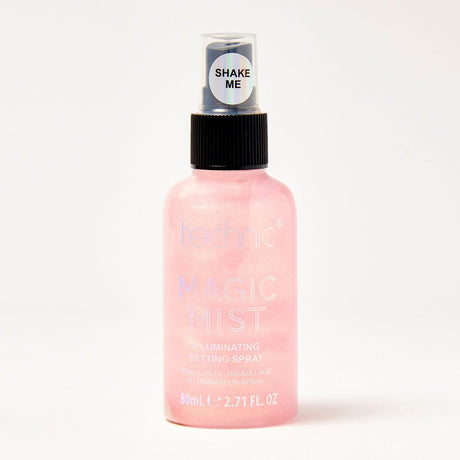 Technic Magic Mist Illuminating Setting Spray in pink iridescent shade, clear bottle with black ribbed nozzle