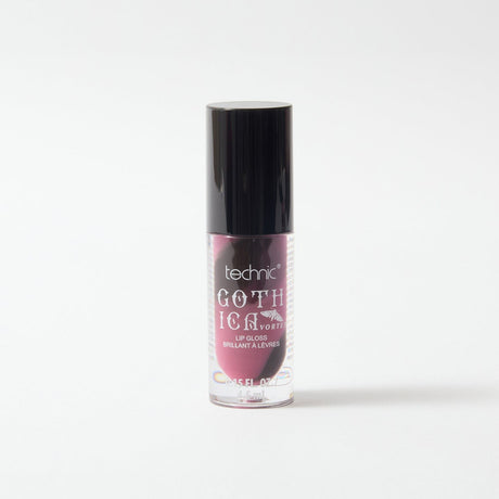 Gothica lip gloss which has a swirl pattern in colours of black and purple, on a white background.