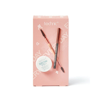 The brow trio giftset on a white background. The giftset box is pink with the images of the 3 products included on the front.