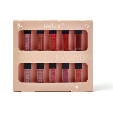 The lip vault giftset on a white background. The box is beige and it has cut outs so the products are visible from the front.