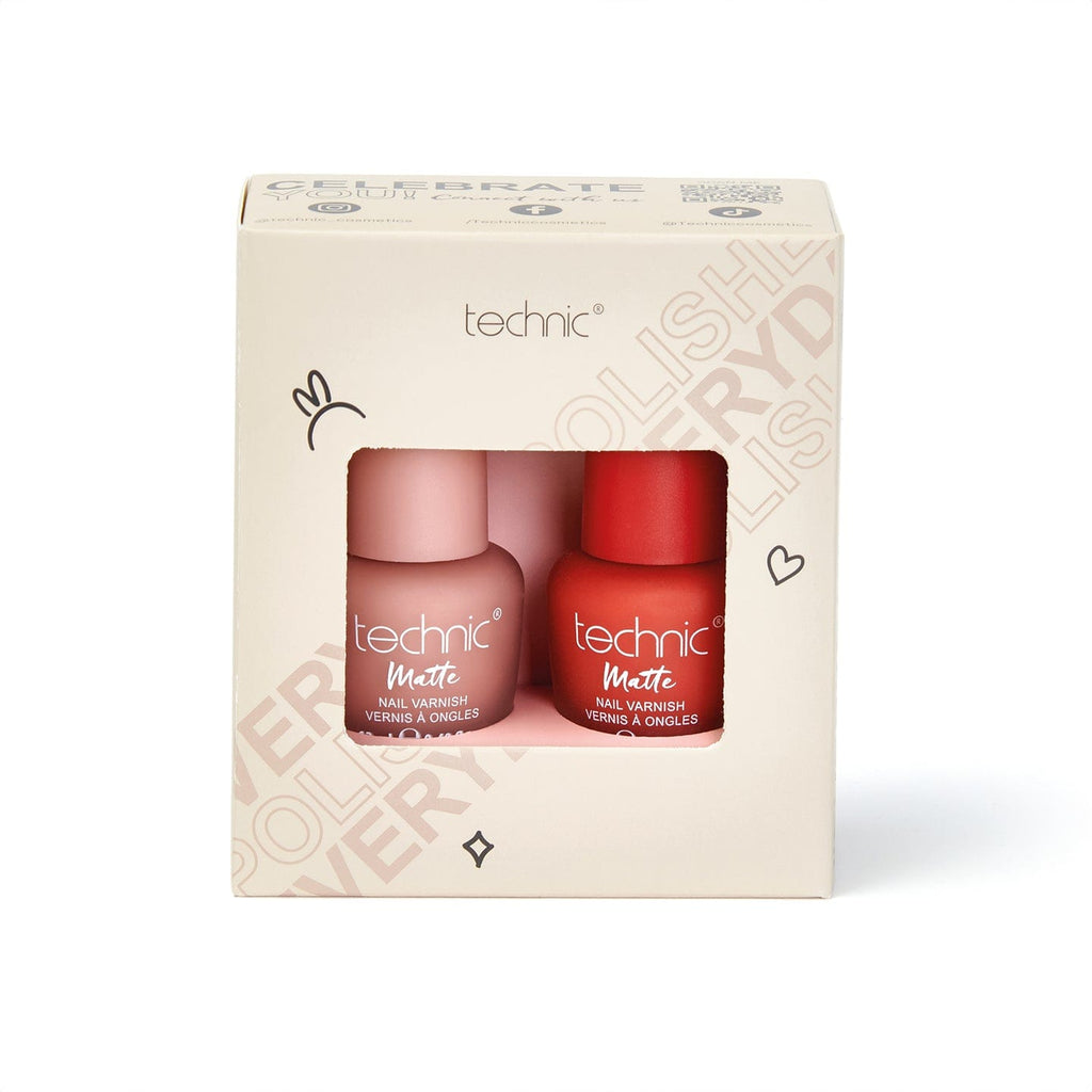 The nail duo gift set on a white background. The giftset is in a cream coloured box with a cut out in the front for the nail varnishes to be visible.