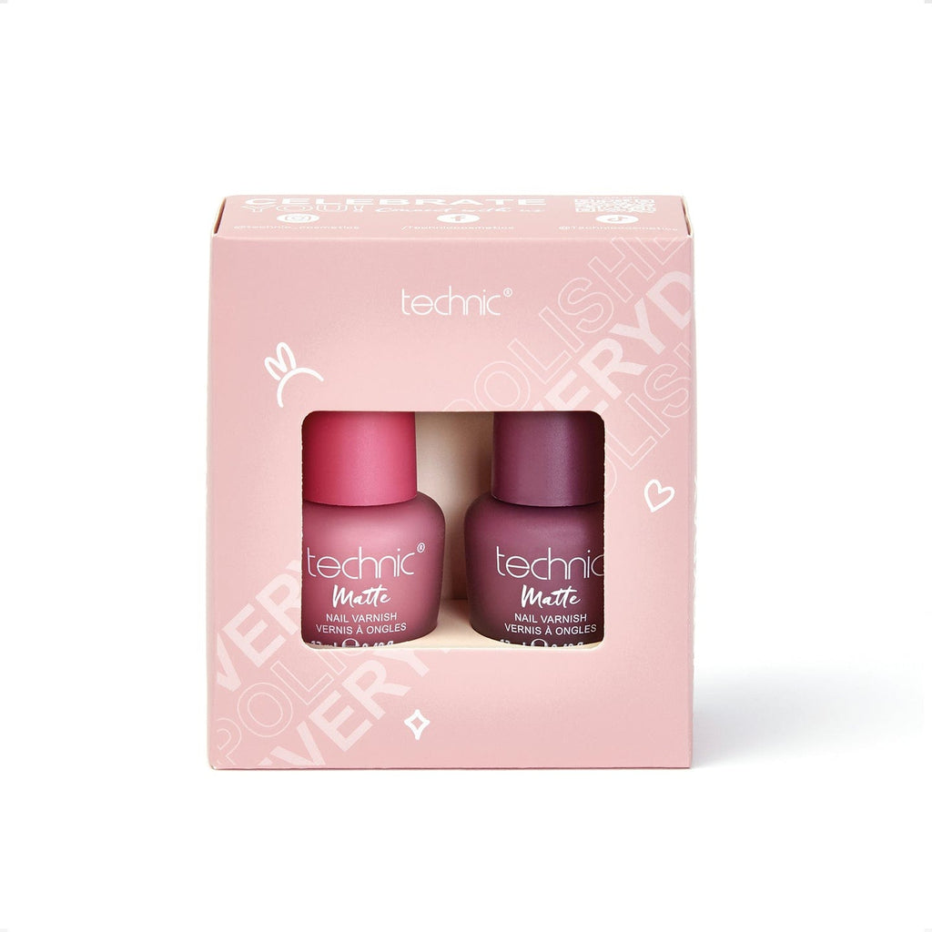 The nail duo giftset on a white background. The giftset is in a pink box with a cut out in the front for the products to be visible.