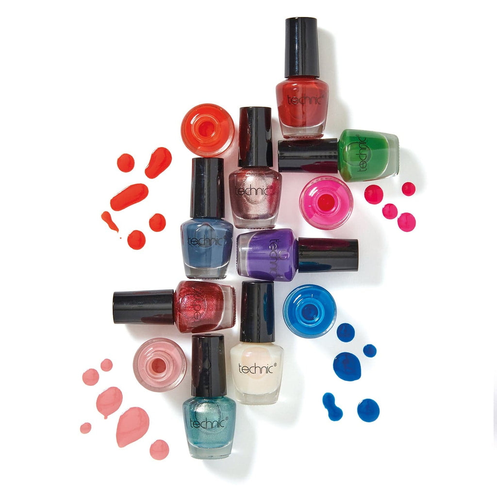 All the nail varnishes together on a white background and 4 of them are open to see colours.