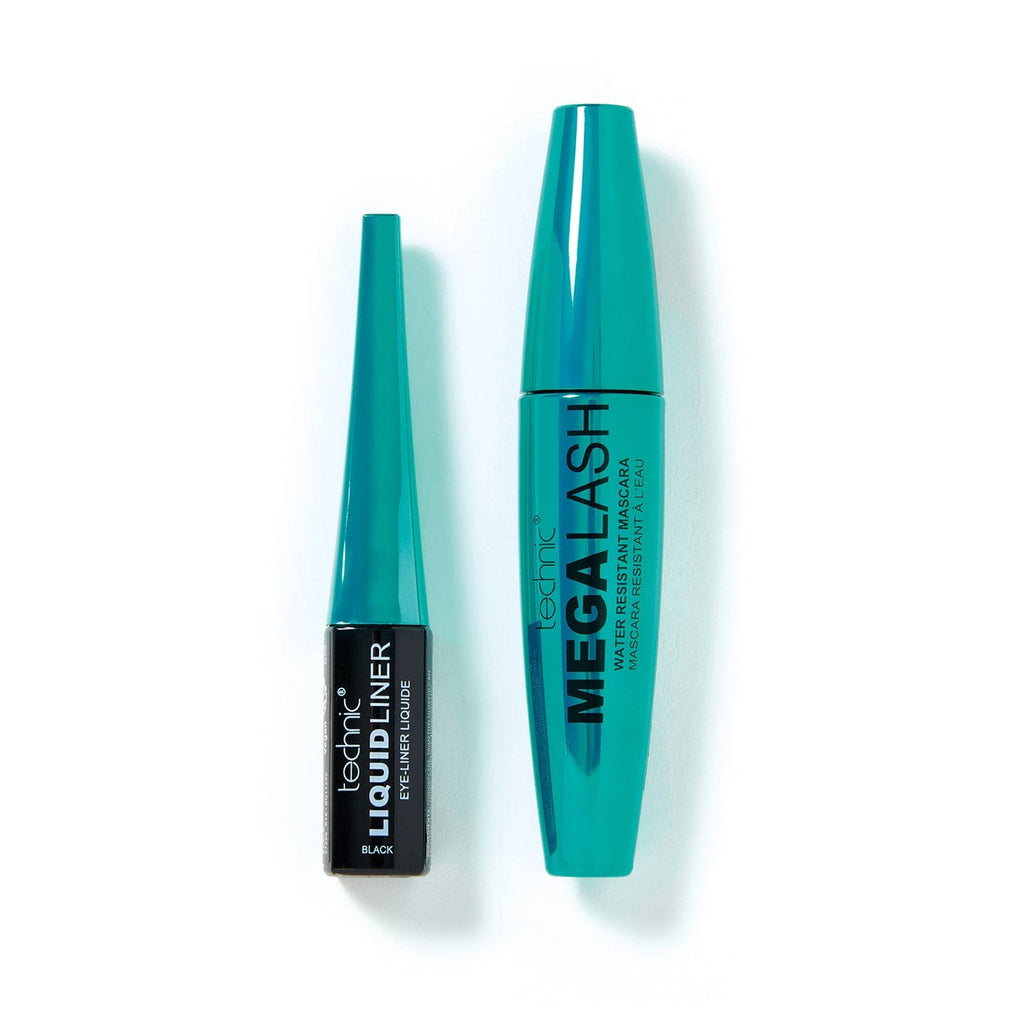 The water-resistant mascara and eye liner out of the box on a white background.