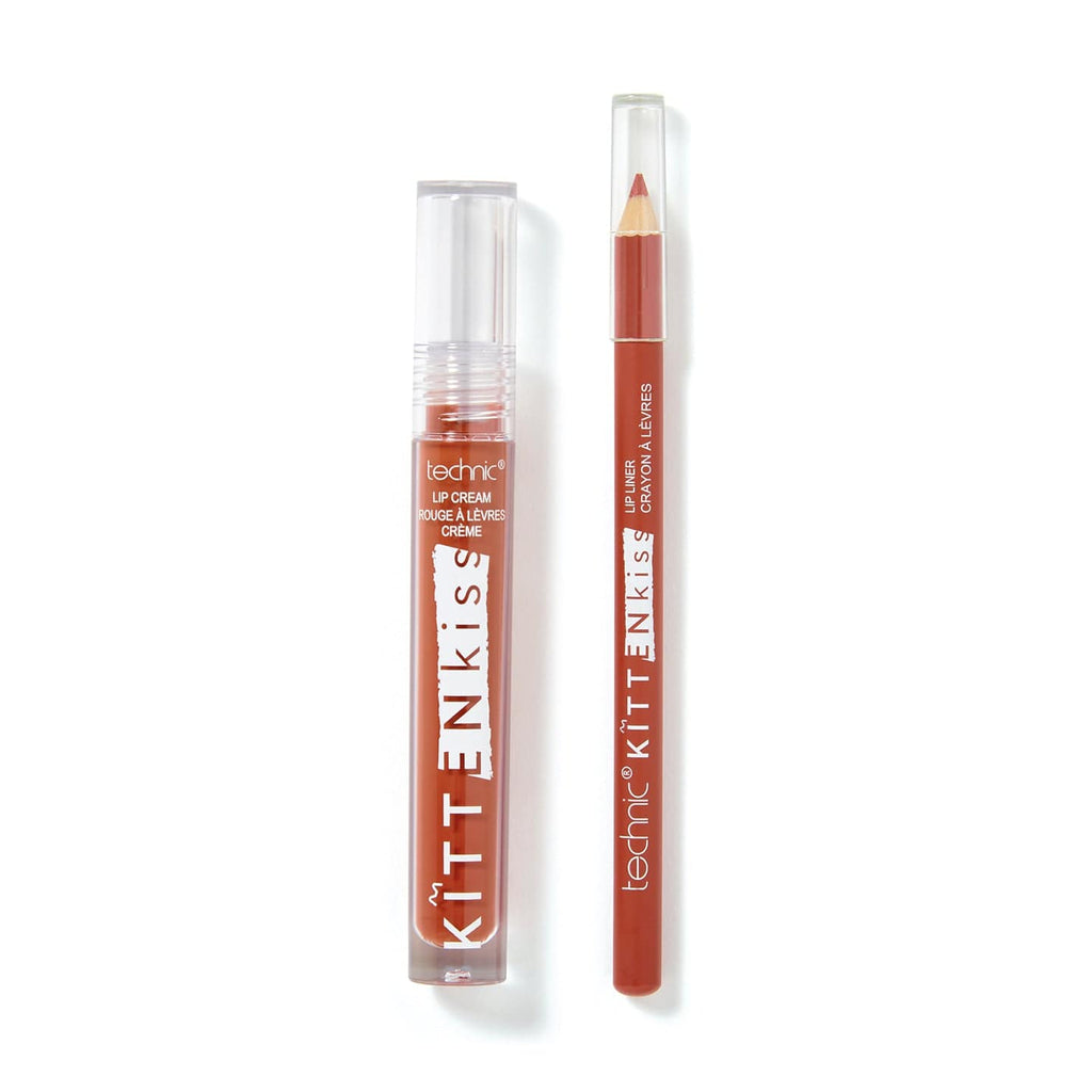 The lip cream and lip liner out of the box on a white background.