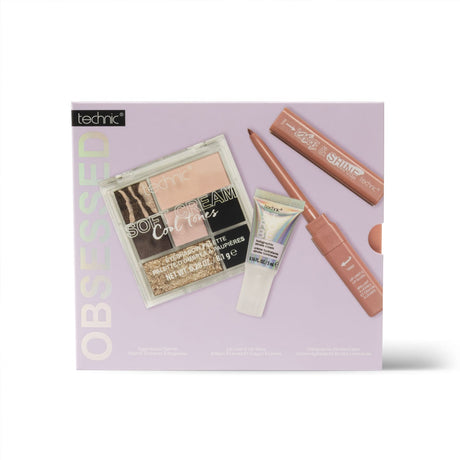 Obsessed gift set on white background, The set features an eyeshadow palette, mini strobe cream, and Line & Shine liner and gloss.