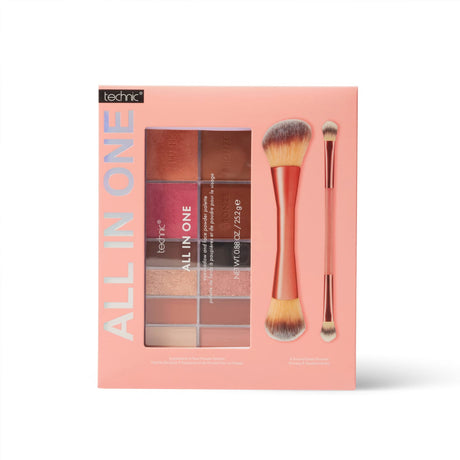 A Technic 'All In One' makeup palette set in a peach-pink box, featuring a 12-colour face and body makeup palette with a visible window, alongside two makeup brushes with rose gold handles and bristles that fade from beige to pink.