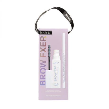 A Technic Brow Fixer kit in a light lavender box, containing a white brow pomade bottle and a brow pencil, with a black carrying strap.