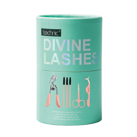 A mint green cylindrical product box for 'technic DIVINE LASHES' containing lash tools, shown on a plain white background.