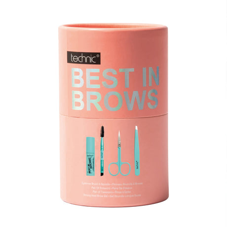 Pink container labeled 'Best in Brows' with tools on a white background