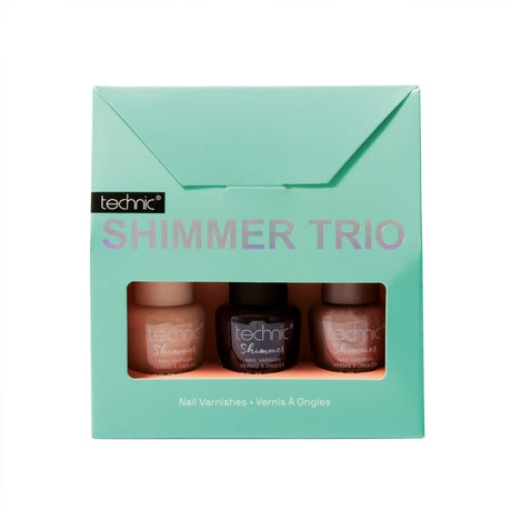 Technic Shimmer Trio nail varnish set in a mint green envelope-style box with a clear window showing three shades of shimmer nail polish.