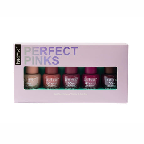 Technic Perfect Pinks nail polish set in a light pink box with a clear window showing six different pink-toned nail colors.