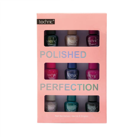 Technic Polished Perfection set of nine nail polish bottles in a pink cardboard box with three rows of three bottles visible through clear windows.