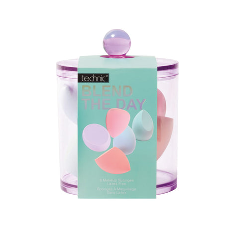 Technic Blend the Day makeup sponge set in a clear cylindrical container with a mint green label and purple lid, on a white background.