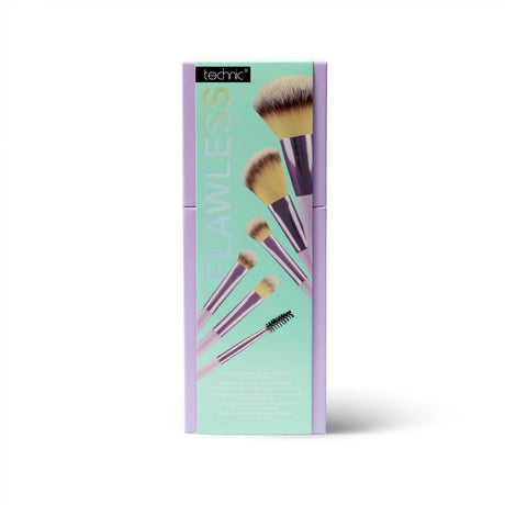 Technic Flawless makeup brush set in its original packaging, featuring a mint green and lavender box with illustrations of the brushes.