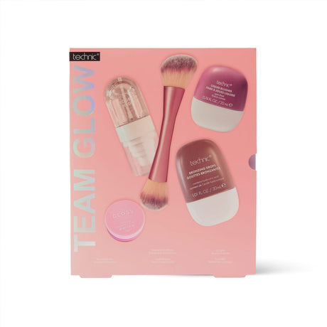 Technic Team Glow makeup set in a pink box, containing a mix of products.