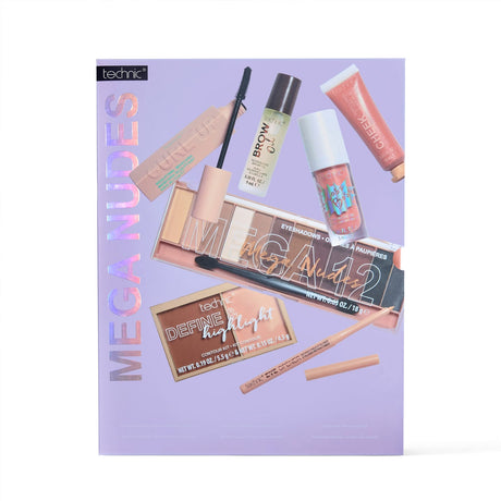 Mega Nudes makeup collection box featuring an assortment of nude-toned cosmetics including eyeshadow, brow product, lip colour, highlighter, and pencils, set against a light lavender background.