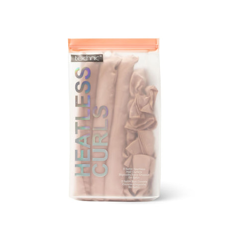 Technic Heatless Curls bundle in a clear zip bag with a peach seal, showing the beige scrunchie curls inside.