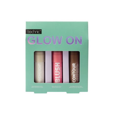 Technic Glow On makeup set packaging with three products inside on a white background