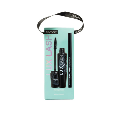 Technic Lux Lash Eyeliner and Mascara gift set in a mint green box with a black carrying strap, shown on a white background.