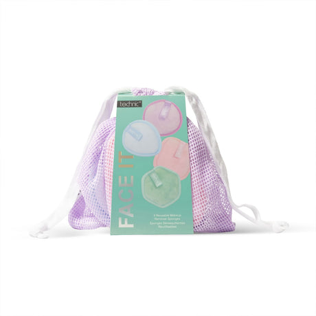 A lavender mesh drawstring bag with a mint green product card labelled 'FACE IT' in the centre, photographed on a clean white background.